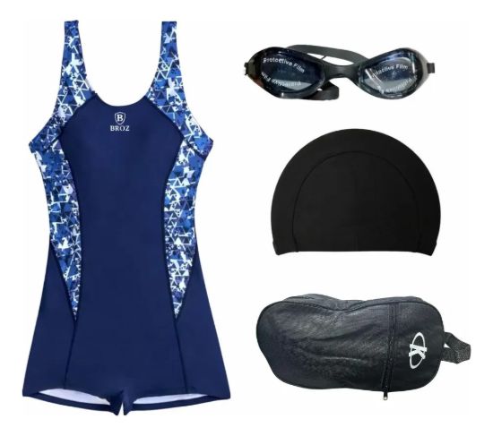 Imagen de Malla Natacion Enterito Para Dama Piscina + Accesorios Broz - Azul - Lisa - XL