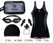 Imagen de Malla Natacion Enterito Para Dama Piscina + Accesorios Broz - Negro - Lisa - XL