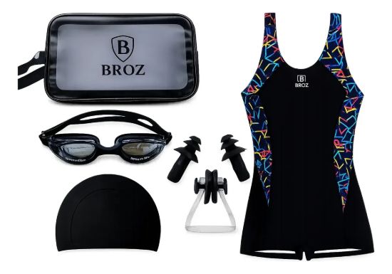 Imagen de Malla Natacion Enterito Para Dama Piscina + Accesorios Negro/combinado Xl